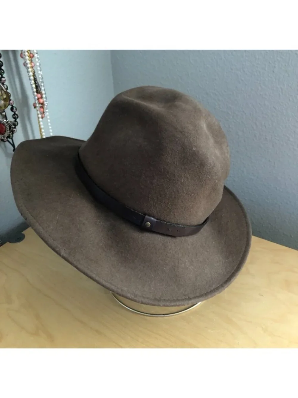 Scala Tan Brown Wool Fedora Hat Wide Brim Boho Western size S Leather Band